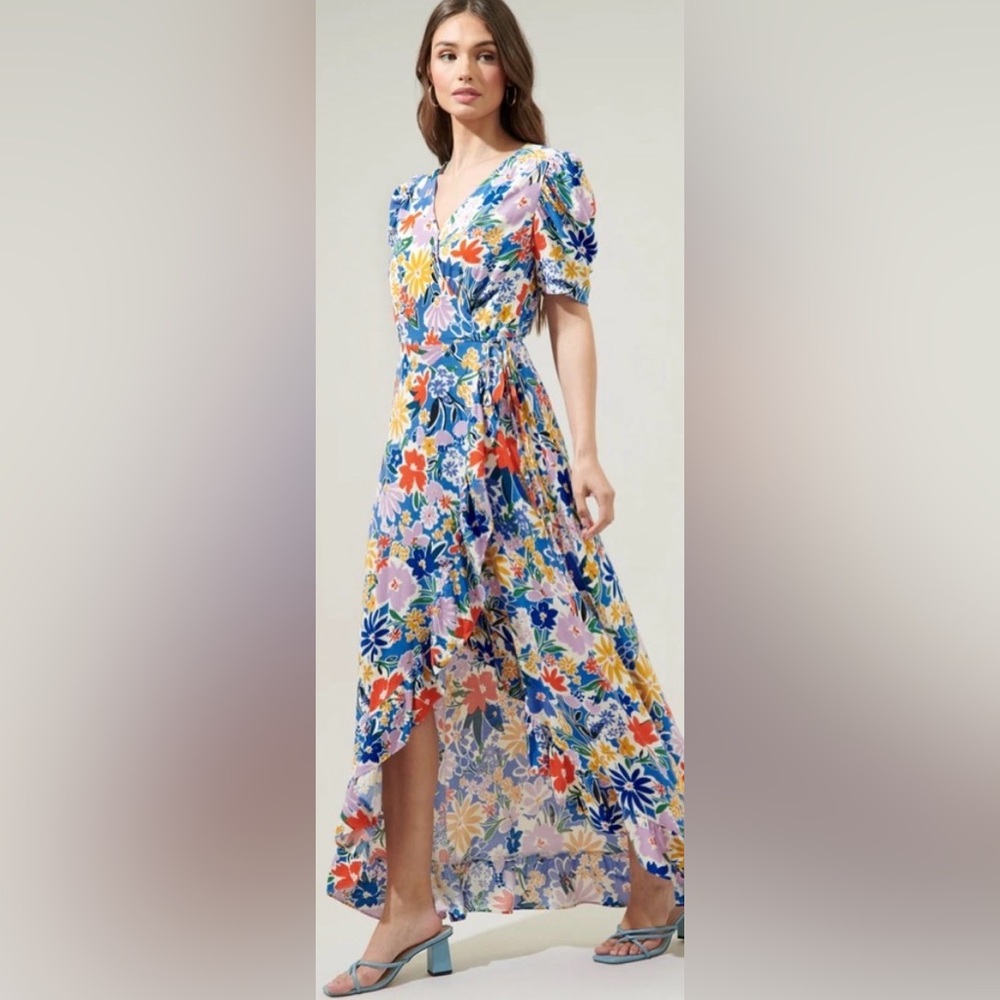 Sugarlips Floral Short Sleeve Wrap Maxi Dress - Blue Multicolor Size Small NWT